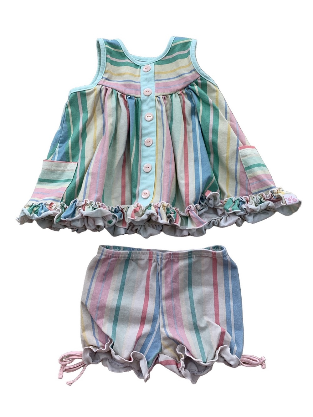 SweetHoney Size 2T Pastel Striped Ruffle Tank and Matching Shorts Outfit Set
